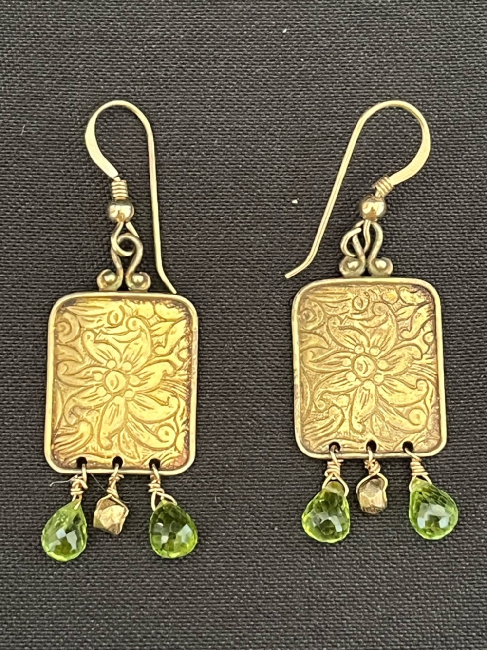 Vintage JBB Sterling Gold ToneFloral Rectangle Earrings with Green Peridot Drops